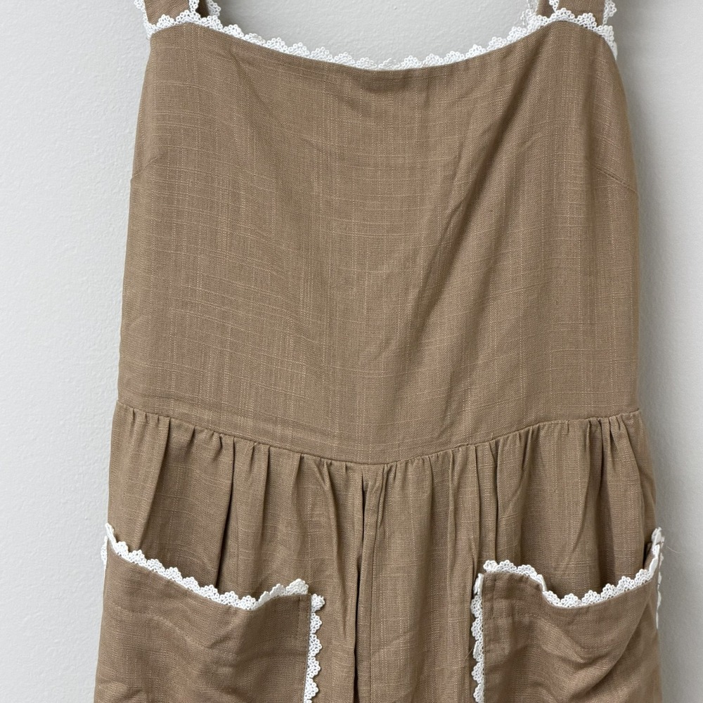 VICI, Tan Linen Blend Crochet Lace Trim Wide Leg Tie Back Jumpsuit Size Large - Picture 3 of 9
